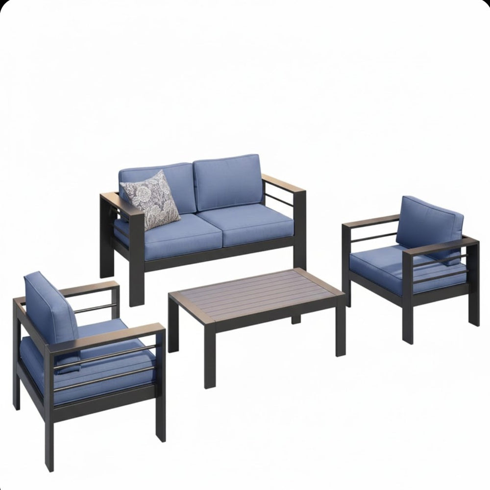 English Elm 4-piece Outdoor Cast Aluminum Conversation Set Resort Style Patio Seating with Wpc Table Blue B082S00093