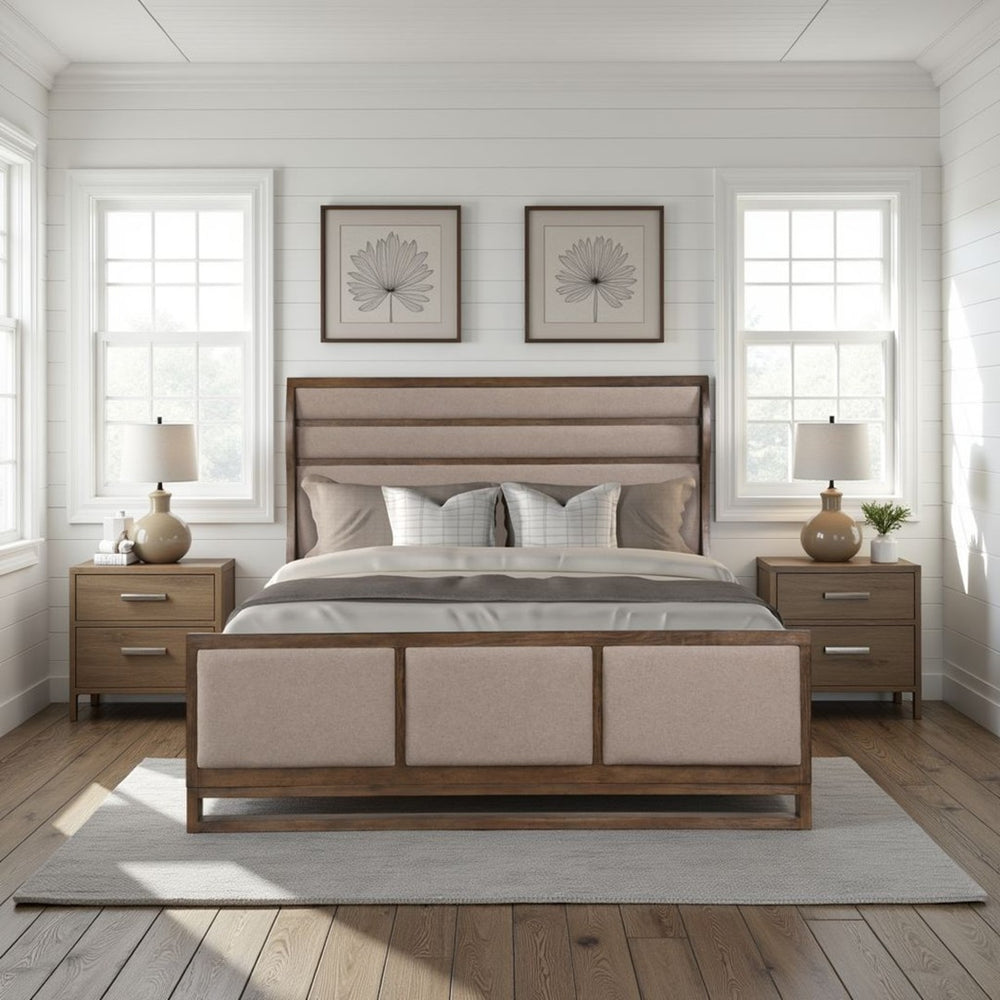English Elm Arcadia King Bed Pine Oak Frame with Upholstered Panel Inlays Rustic Modern Style B108S00046