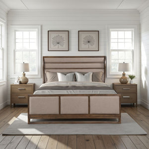 English Elm Arcadia Queen Bed Pine Oak Frame Curved Wing Headboard Upholstered Panel Rustic Modern B108S00047