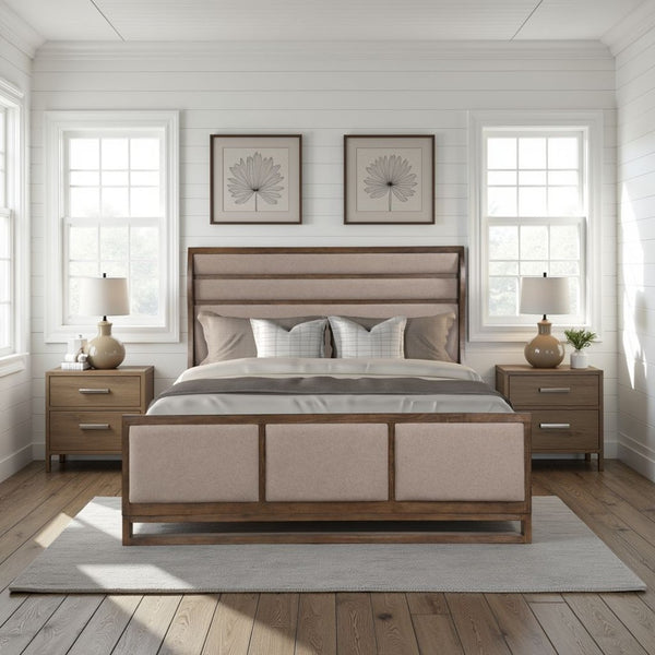 English Elm Arcadia Queen Bed Pine Oak Frame Curved Wing Headboard Upholstered Panel Rustic Modern B108S00047