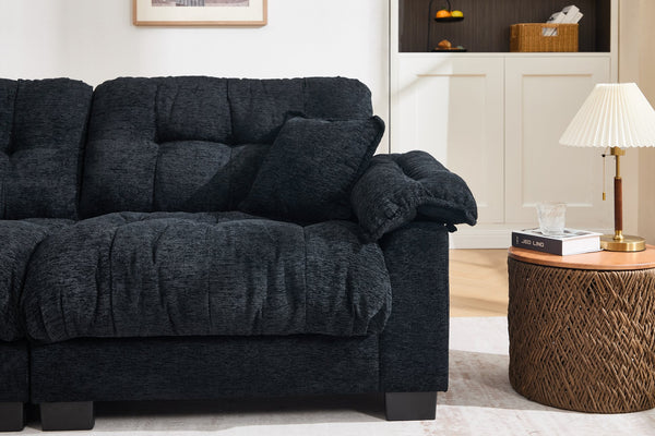 English Elm Casual 3-Seater Chenille Sofa In Black - Modern Pleated Design For Luxurious Comfort & Style W2100S00315