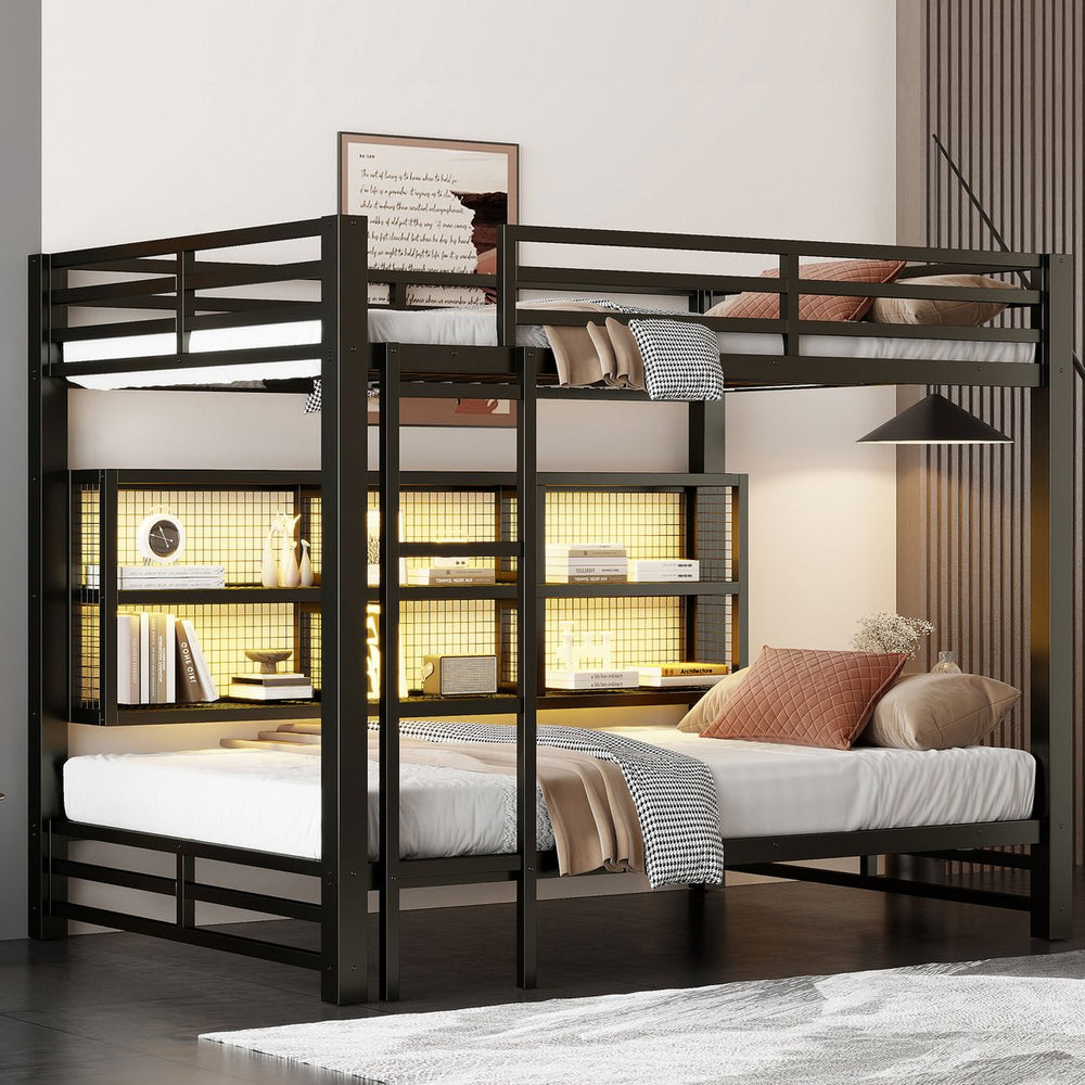 English Elm Metal Queen over Queen Bunk Bed with Storage Cabinets, LED Lighting, Sturdy Black Metal Frame, Space-Saving Design N7090000672B