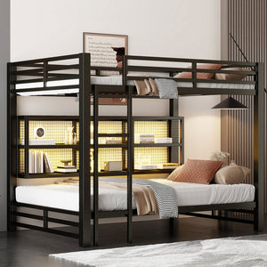 English Elm Metal Queen over Queen Bunk Bed with Storage Cabinets, LED Lighting, Sturdy Black Metal Frame, Space-Saving Design N7090000672B