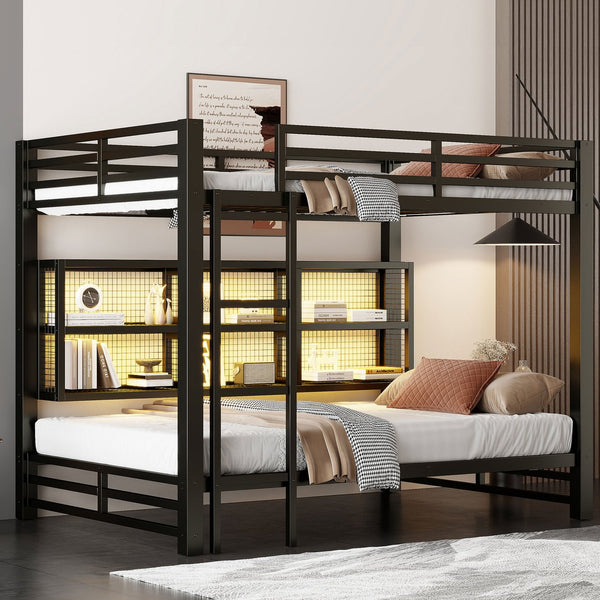 English Elm Metal Queen over Queen Bunk Bed with Storage Cabinets, LED Lighting, Sturdy Black Metal Frame, Space-Saving Design N7090000672B