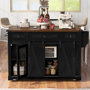 English Elm K&K 58" Farmhouse Kitchen Island with Sliding Barn Door, Drop Leaf, Glass Rack, Locking Wheels, Power Black N707P349811B