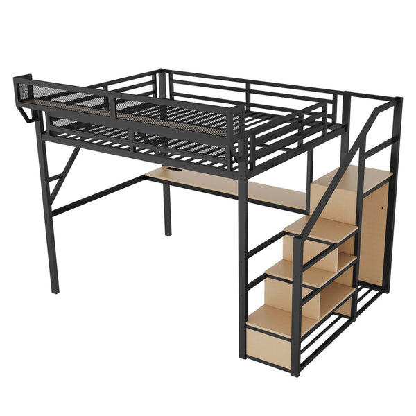 English Elm Queen Metal Loft Bed with Desk Stairs Rgb Lighting and Built-in Charging Station W2580S00053