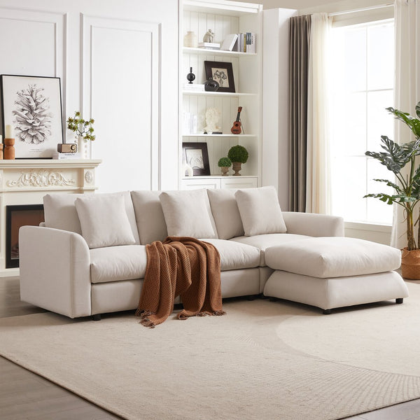 English Elm MH102.2 Modular 102.2" L-Shaped Sectional Sofa with Ottoman, 3 Cushions & Pillows, Upholstered Comfort Beige W1193S00136