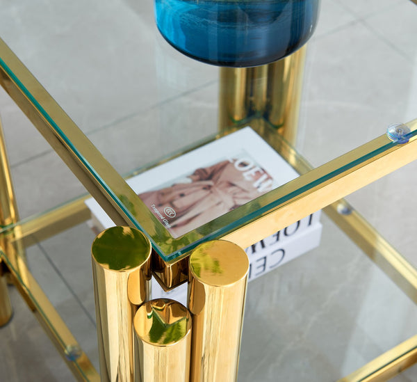English Elm 20 Inch Square End Table - Modern Gold Stainless Steel & Glass Side Table With Double-Layer Storage W2978S00006