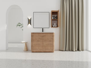 English Elm 40'' Freestanding Bathroom Vanity With Ceramic Sink, Soft-Close Doors & Side Cabinet For Stylish Storage W999S00404