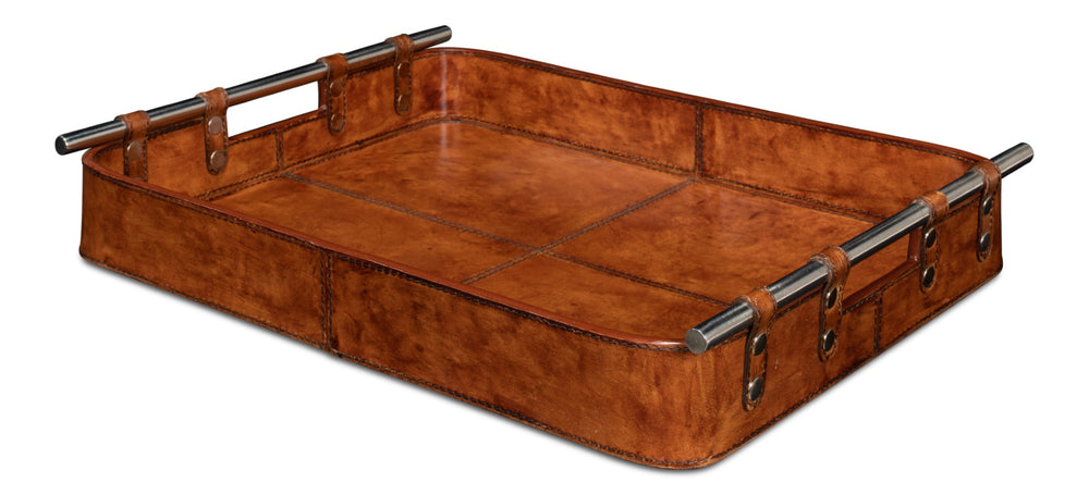 Sarreid Safari Leather Tray - Elegant Tobacco Buffalo Leather With Wood, Brass, And Steel Accents, Perfect For Organizing Brown  26847