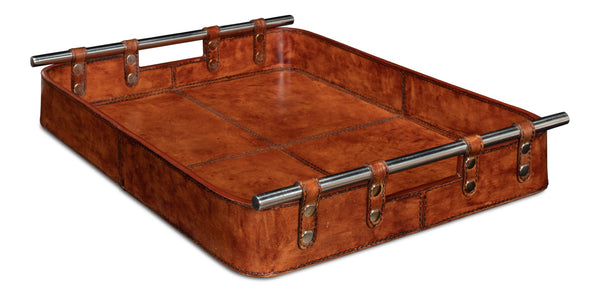 Sarreid Safari Leather Tray - Elegant Tobacco Buffalo Leather With Wood, Brass, And Steel Accents, Perfect For Organizing Brown  26847