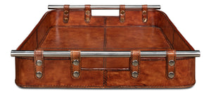 Sarreid Safari Leather Tray - Elegant Tobacco Buffalo Leather With Wood, Brass, And Steel Accents, Perfect For Organizing Brown  26847