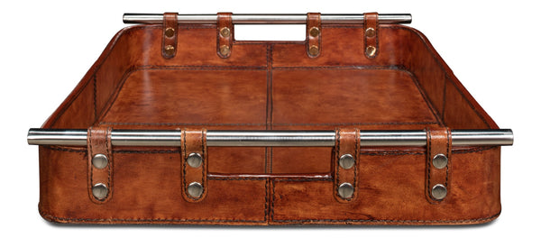 Sarreid Safari Leather Tray - Elegant Tobacco Buffalo Leather With Wood, Brass, And Steel Accents, Perfect For Organizing Brown  26847