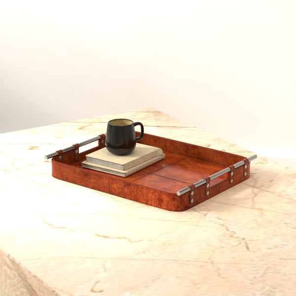 Sarreid Safari Leather Tray - Elegant Tobacco Buffalo Leather With Wood, Brass, And Steel Accents, Perfect For Organizing Brown  26847