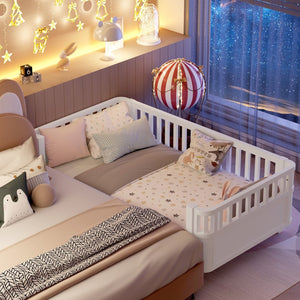 English Elm Twin Low Profile Pine Wood Kids Bed with Safety Rails and Fence Style Headboard W2593P367041