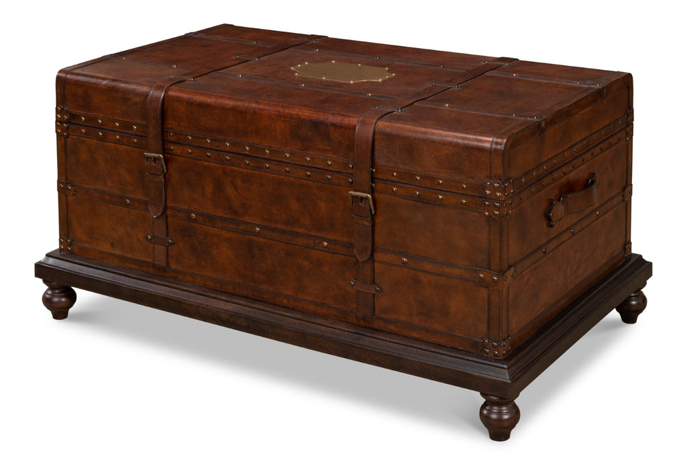 Sarreid Laramie Trunk Coffee Table - Rustic Wood & Iron Design With Brass Accents And Buffalo Leather Finish Brown  26853
