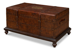 Sarreid Laramie Trunk Coffee Table - Rustic Wood & Iron Design With Brass Accents And Buffalo Leather Finish Brown  26853