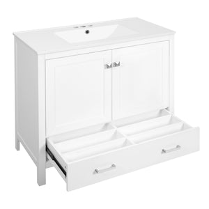 English Elm 36" White Bathroom Vanity with Ceramic Sink, Soft-Close Doors, Divided Drawer & Double Shelves for Organized Modern Bathrooms N729P276609K