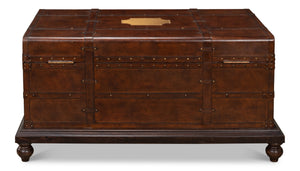 Sarreid Laramie Trunk Coffee Table - Rustic Wood & Iron Design With Brass Accents And Buffalo Leather Finish Brown  26853