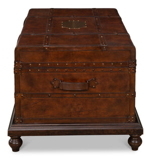 Sarreid Laramie Trunk Coffee Table - Rustic Wood & Iron Design With Brass Accents And Buffalo Leather Finish Brown  26853