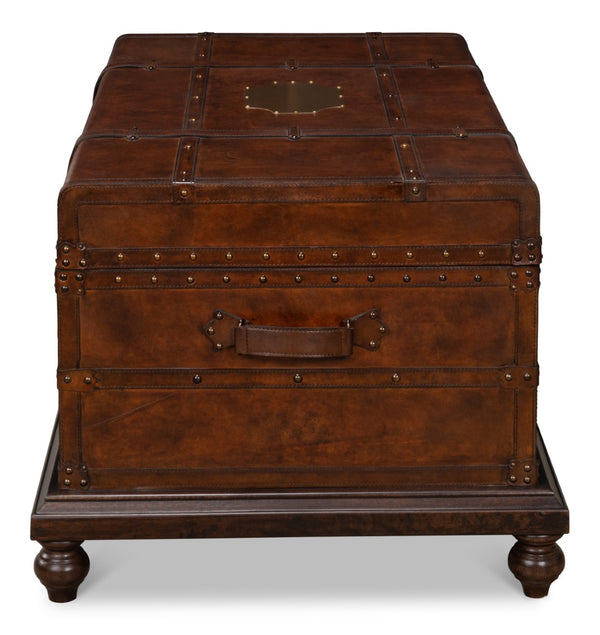 Sarreid Laramie Trunk Coffee Table - Rustic Wood & Iron Design With Brass Accents And Buffalo Leather Finish Brown  26853