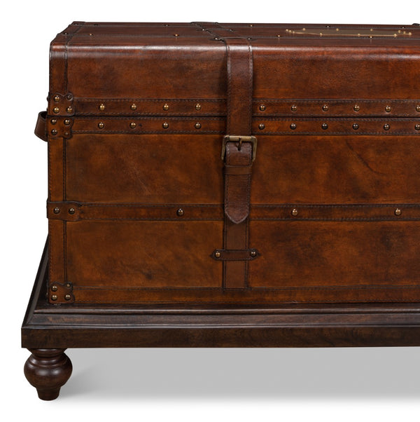 Sarreid Laramie Trunk Coffee Table - Rustic Wood & Iron Design With Brass Accents And Buffalo Leather Finish Brown  26853
