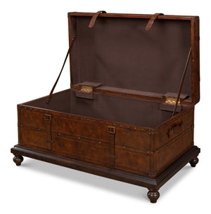 Sarreid Laramie Trunk Coffee Table - Rustic Wood & Iron Design With Brass Accents And Buffalo Leather Finish Brown  26853