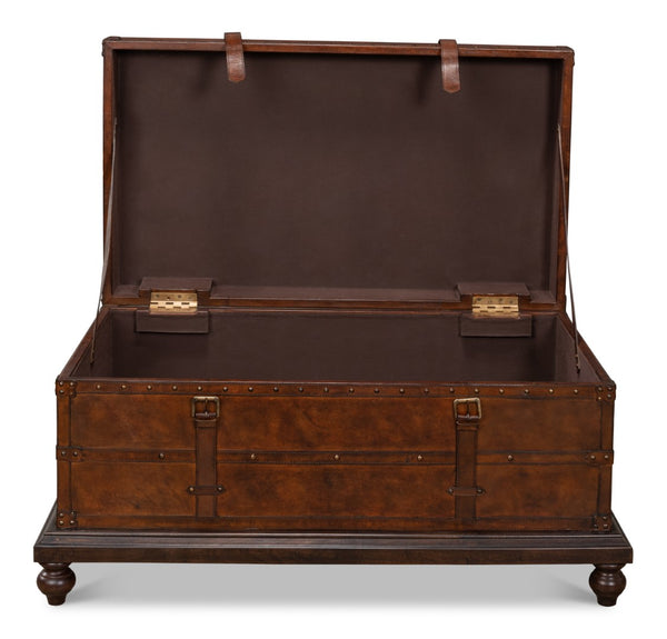 Sarreid Laramie Trunk Coffee Table - Rustic Wood & Iron Design With Brass Accents And Buffalo Leather Finish Brown  26853