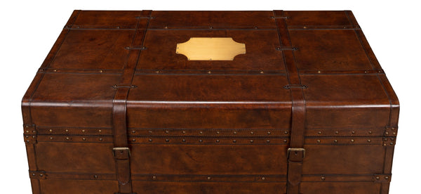 Sarreid Laramie Trunk Coffee Table - Rustic Wood & Iron Design With Brass Accents And Buffalo Leather Finish Brown  26853