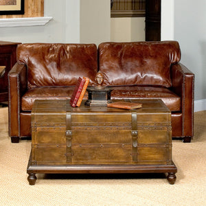 Sarreid Laramie Trunk Coffee Table - Rustic Wood & Iron Design With Brass Accents And Buffalo Leather Finish Brown  26853