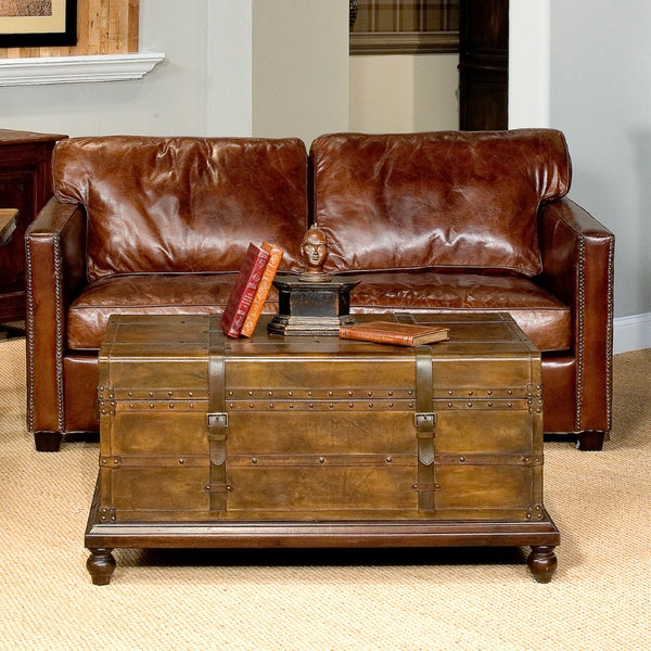 Sarreid Laramie Trunk Coffee Table - Rustic Wood & Iron Design With Brass Accents And Buffalo Leather Finish Brown  26853