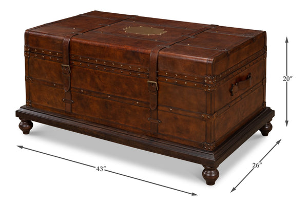 Sarreid Laramie Trunk Coffee Table - Rustic Wood & Iron Design With Brass Accents And Buffalo Leather Finish Brown  26853