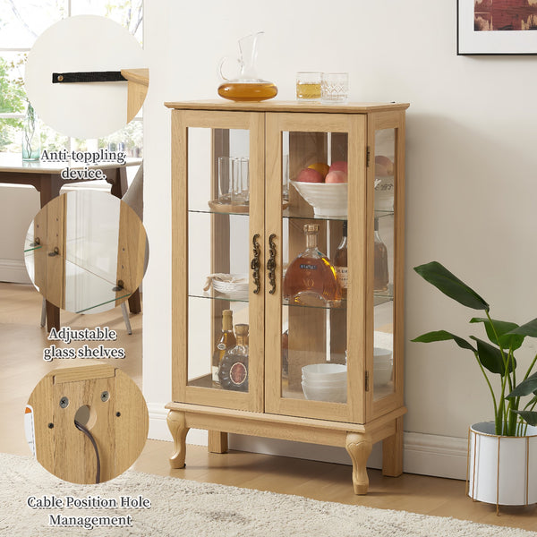 English Elm 2 Doors Curio Cabinet With Lighted Display & Mirrored Back, Adjustable Shelves - Oak Elegance For Home W2275P178895