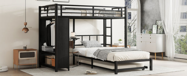 English Elm Twin Bunk Bed With Wardrobe & Trundle, Metal Frame, Foldable Desk, Noise-Reduced Design, Black Finish W1580S00135-GIGA