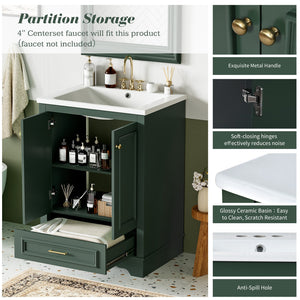English Elm 24'' Bathroom Vanity with Ceramic Sink Combo Modern Freestanding MDF Cabinet with Soft-Close Doors and Sleek Silver Handles for Spacious Organized Bathroom Storage Green N710P194893F