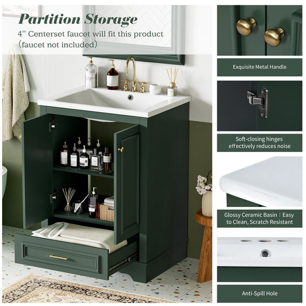 English Elm 24'' Bathroom Vanity with Ceramic Sink Combo Modern Freestanding MDF Cabinet with Soft-Close Doors and Sleek Silver Handles for Spacious Organized Bathroom Storage Green N710P194893F