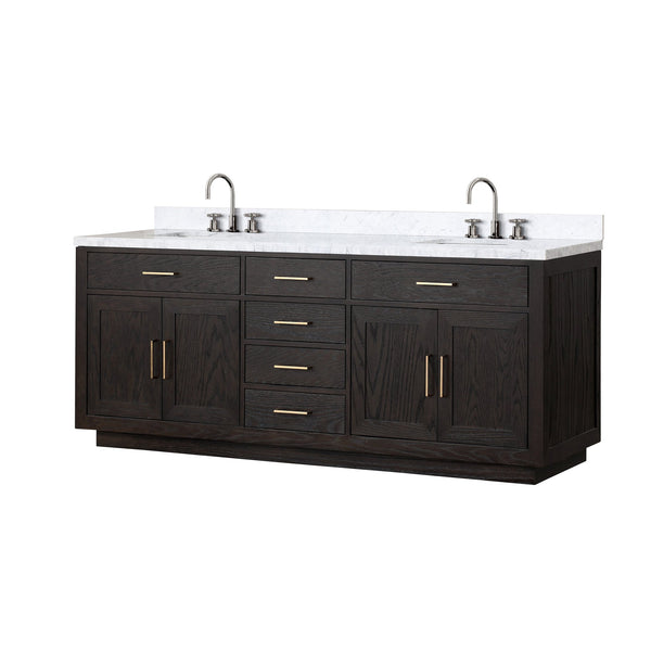 English Elm Abbey 84" Black Oak Double Vanity with Carrara Marble Top, Soft-Close Doors & Chrome Faucets B2731P260877