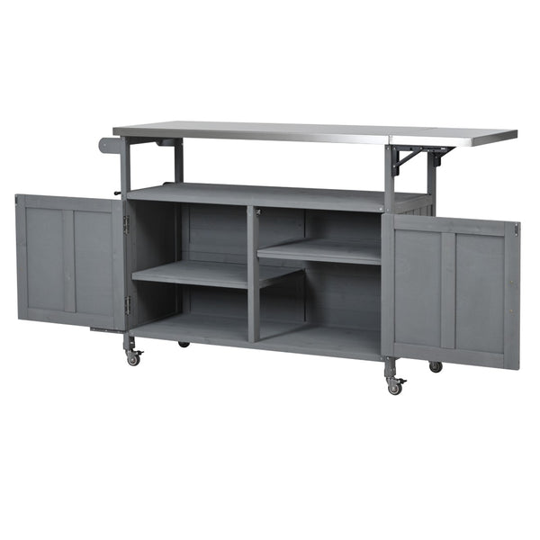 English Elm Foldable Outdoor Kitchen Cart with Stainless Worktop Fir Wood Frame and Lockable Wheels Grey N719P380279E