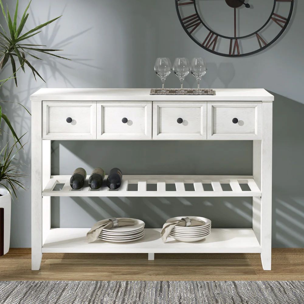 English Elm Walker Edison - Modern Farmhouse 2-Drawer Solid Wood Buffet in White with Wine Shelf, Open Storage & Rustic Charm B185P244101