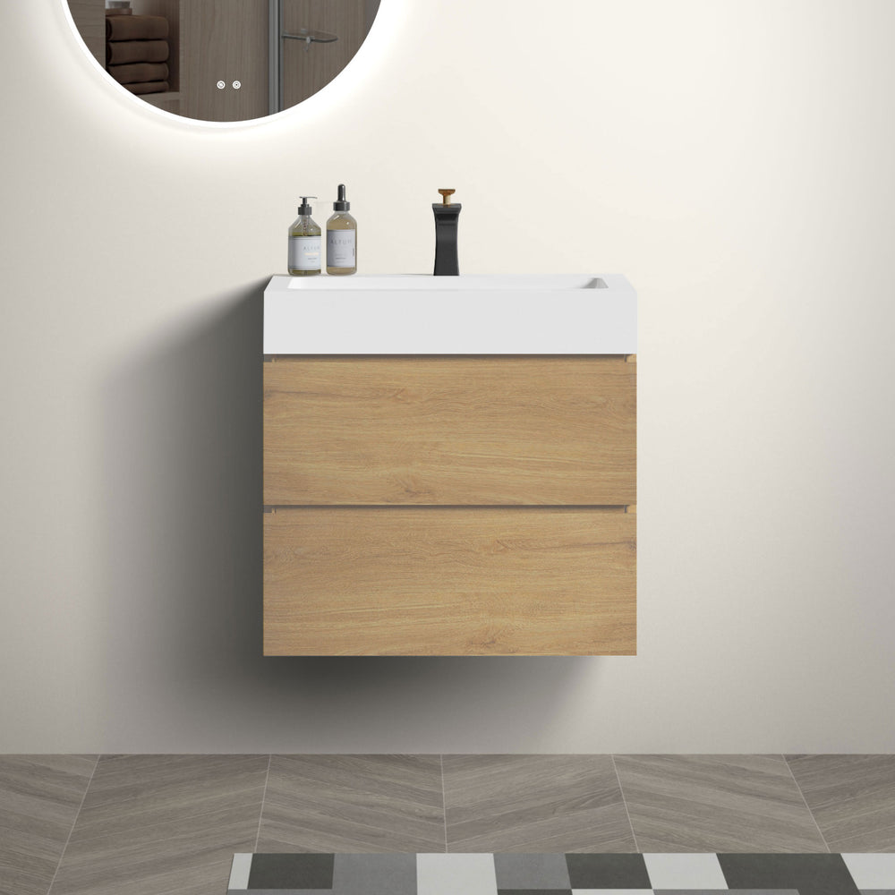English Elm U040-Alice24-106 Alice 24" Natural Oak Wall-Mounted Bathroom Vanity with Integrated Basin, Soft-Close Drawers and Bevel Handle-Free Design W1865S00040