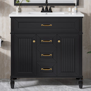 English Elm 36 Inch Bathroom Vanity with Ceramic Sink, Durable MDF & Solid Wood Frame, Soft-Close Doors, Luxe Handles, Ample Organized Storage, Modern Freestanding Design Black N725P314034B