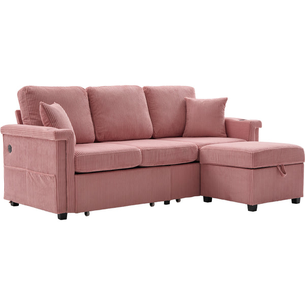 English Elm UNITED Corduroy L-Shaped Sectional Sofa with Storage Ottoman, USB Ports, Cup Holders & LED Lighting Pink W1568P332401