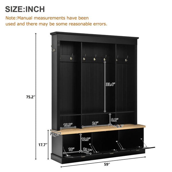 English Elm Farmhouse Hall Tree with Triple Arch Back Panel Eight Hooks Drawers and Entryway Bench Black N721S000062B