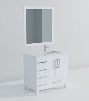 English Elm White Bath Vanity Set With Right Offset Carrara Marble Top, Chrome Faucet & 34" Mirror - Elegant Design! B2731S01257-GIGA