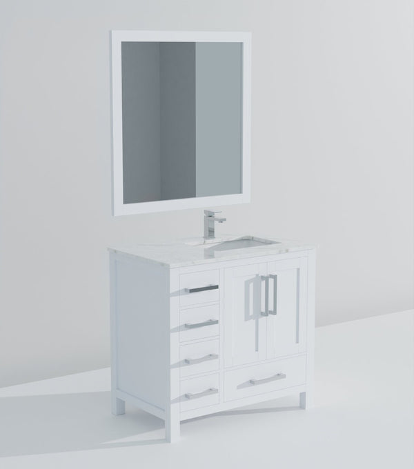 English Elm White Bath Vanity Set With Right Offset Carrara Marble Top, Chrome Faucet & 34" Mirror - Elegant Design! B2731S01257-GIGA