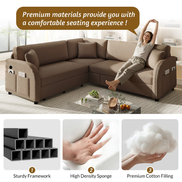 English Elm 85.1" Teddy Plush L-shaped Sectional Sleeper Sofa with Usb Ports and Pull Out Bed Brown W1885S00321