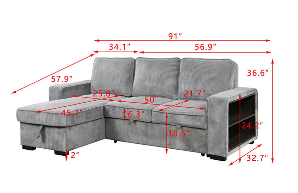 English Elm Modern Pull Out Sofa Bed with Storage Chaise, Convertible L-Shaped Sectional with USB Port and Cup Holder for Living Room — Comfortable Sleeper for Guests Light Gray W1417S00116