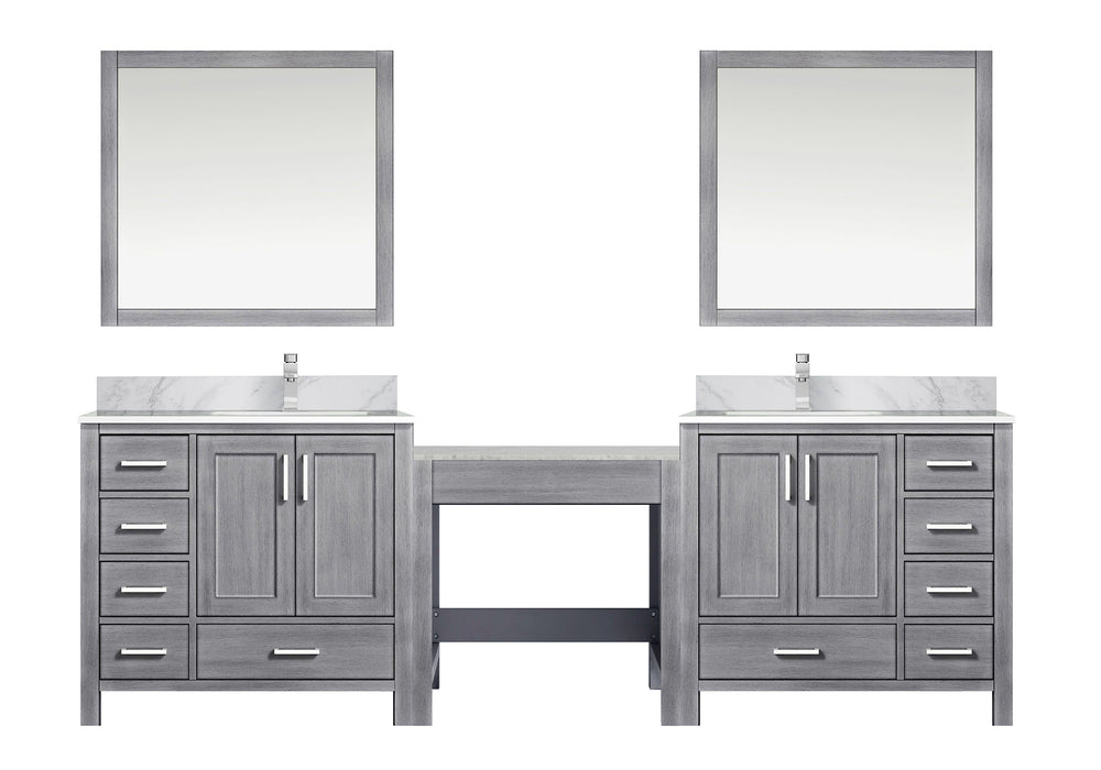English Elm Distressed Grey Double Bath Vanity Set With Carrara Marble Top, Faucets & 34” Mirrors For Style B2731S01228