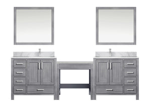 English Elm Distressed Grey Double Bath Vanity Set With Carrara Marble Top, Faucets & 34” Mirrors For Style B2731S01228