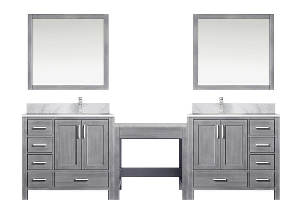 English Elm Distressed Grey Double Bath Vanity Set With Carrara Marble Top, Faucets & 34” Mirrors For Style B2731S01228